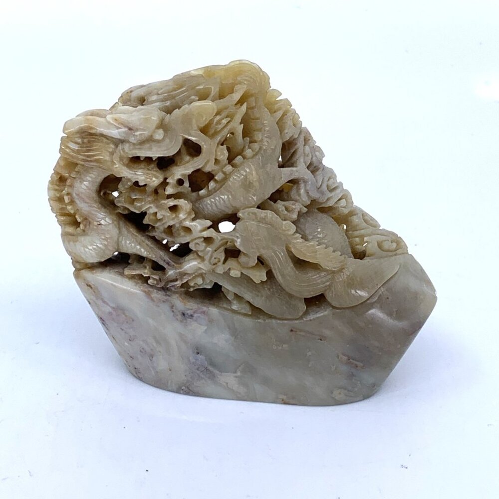Chinese Openwork Dragon Sculpture Seal Stone Shoushan Style Soapstone 4.5" Vtg